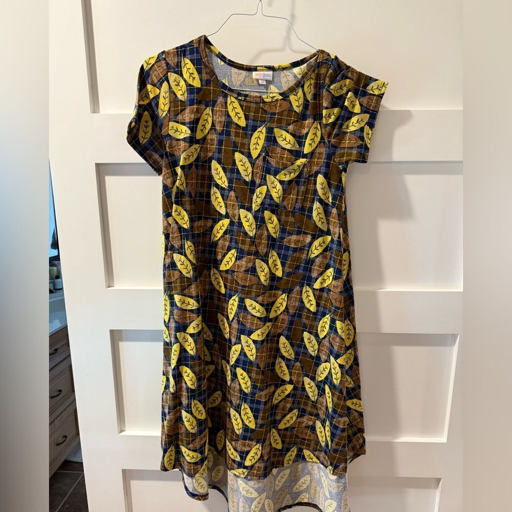 LuLaRoe Multicolor blue brown and yellow Plaid Banana Leaf Dress